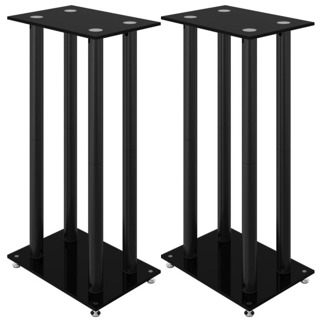 Speaker Stands 2 pcs Tempered Glass 4 Pillars Design – Black