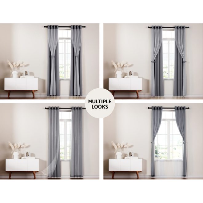 2X 132x304cm Blockout Sheer Curtains Charcoal