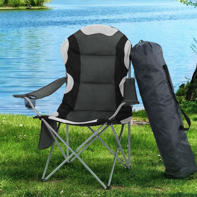 2X Folding Camping Chairs Arm Chair Portable Outdoor Beach Fishing BBQ – Grey