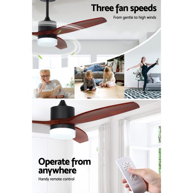 Devanti 52” Ceiling Fan AC Motor 3 Blades w/Light – Dark Wood