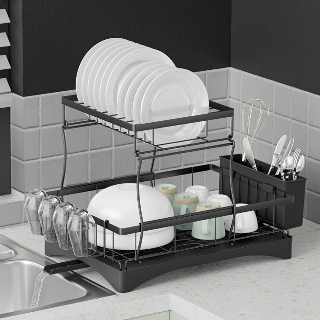 Dish Rack Expandable Drying Drainer Cutlery Holder Tray Kitchen 2 Tiers