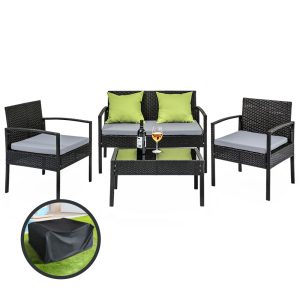 4 Seater Sofa Set Outdoor Furniture Lounge Setting Wicker Chairs Table Rattan Lounger Bistro Patio Garden Cushions Black – With Cover