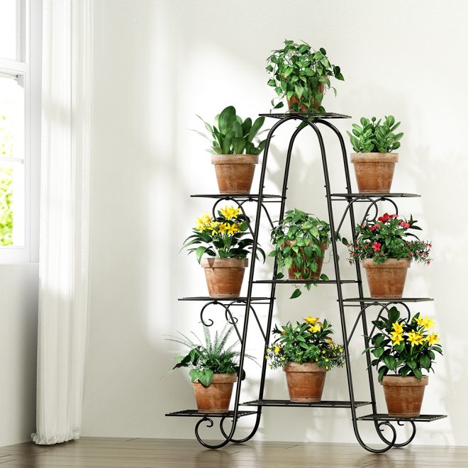 Plant Stand 9 Tier Metal Flower Pot Shelf Black