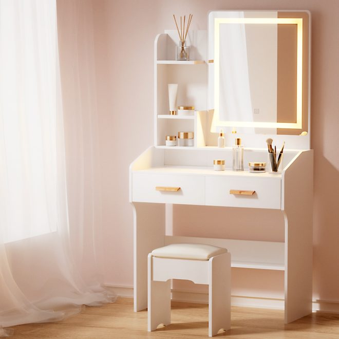 Dressing Table Set Stool Led White Doria