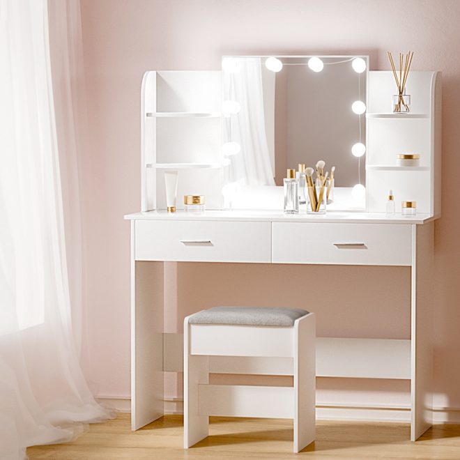 Dressing Table Set Stool 10 Led Bulbs White Dulcea