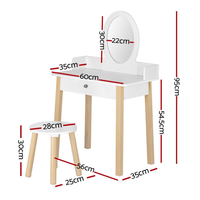 Kids Dressing Table Chair Set Wooden Leg Vanity Makeup Drawer Mirror