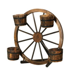 Garden Decor Plant Stand Outdoor Ornament Wooden Wagon Wheel 80cm