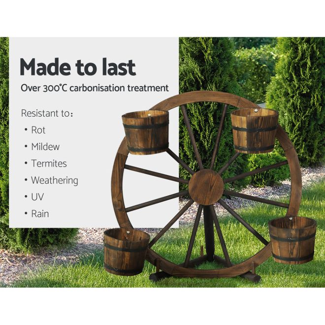 Garden Decor Plant Stand Outdoor Ornament Wooden Wagon Wheel 80cm