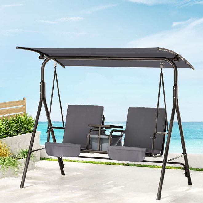 Outdoor Swing Chair Garden Furniture Canopy Cup Holder 2 Seater Grey