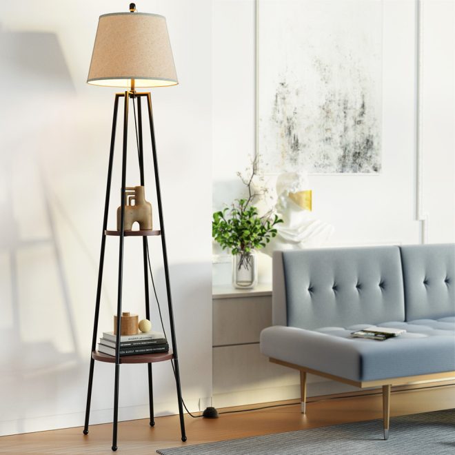 Floor Lamp 2 Tier Shelf Storage LED Light Stand Home Living Room Upright