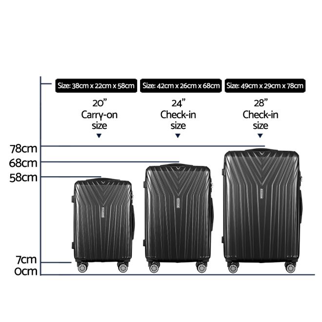 3pc Luggage 20” 24” 28” Trolley Suitcase Sets Travel TSA Hard Case Lightweight – Black