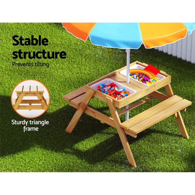 Kids Outdoor Table and Chairs Picnic Bench Seat Children Wooden Indoor – Wood, With Umbrella