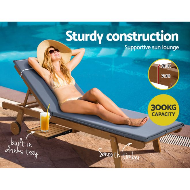 Sun Lounge Wooden Lounger Outdoor Furniture Day Bed Wheel Patio