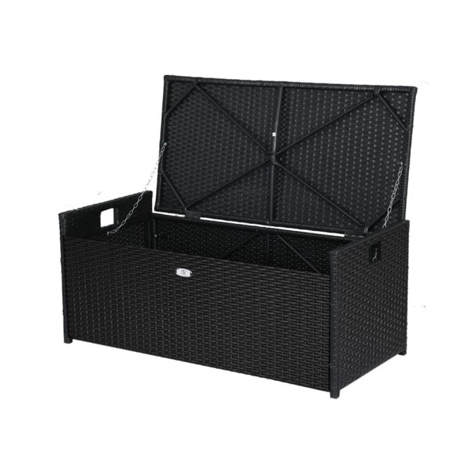 Outdoor Storage Bench Box Wicker Garden Sheds Tools Cushion Patio Furniture Black