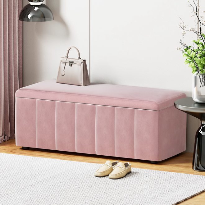 Storage Ottoman Blanket Box Velvet Chest Toy Foot Stool Couch Bed – Pink