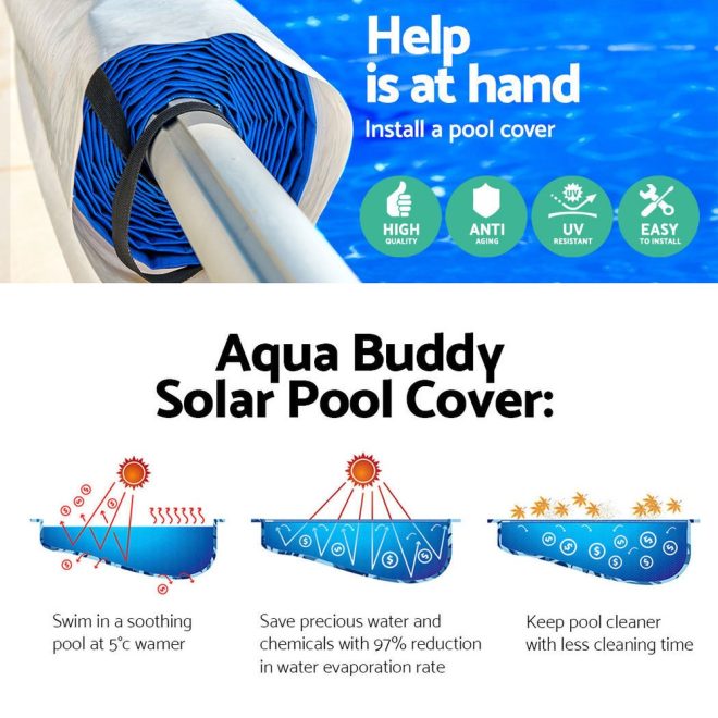 Aquabuddy Pool Cover 6.5x3m 400 Micron Silver Swimming Pool Solar Blanket 5.5m Blue Roller