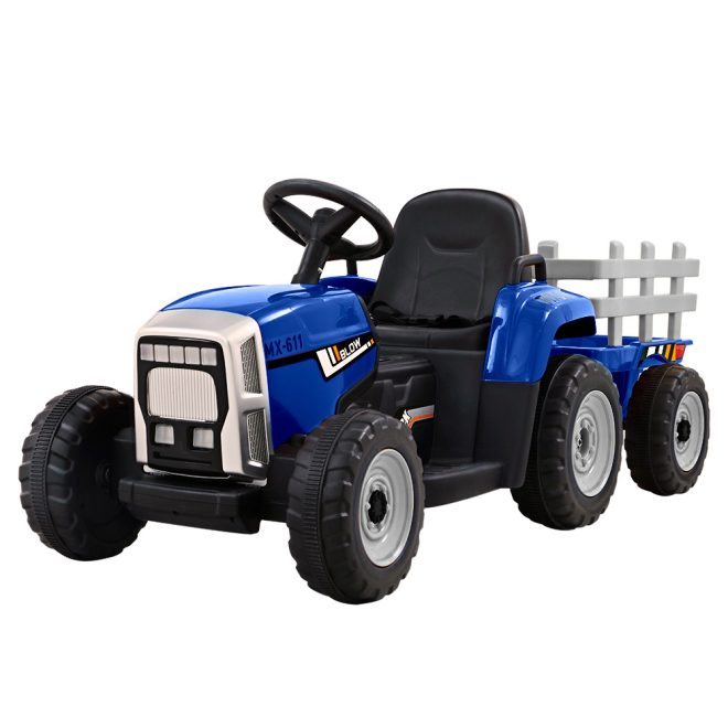 Ride On Car Tractor Trailer Toy Kids Electric Cars 12V Battery – Blue