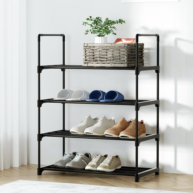 Shoe Rack Stackable Shelves 4 Tiers Shoes Storage Stand Black – 55x28x73 cm