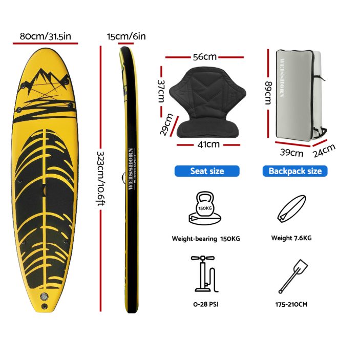 Stand Up Paddle Board Inflatable SUP Surfboard Paddleboard Kayak 10FT – Yellow and Black