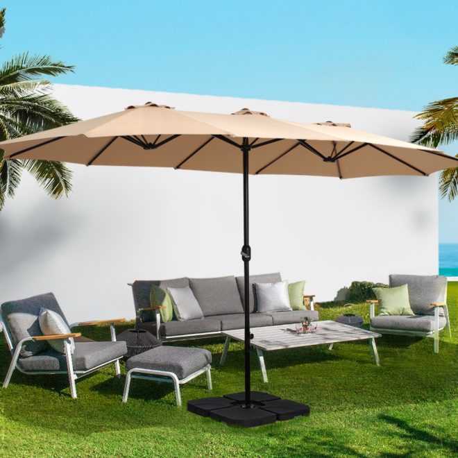 Outdoor Umbrella Twin Umbrella Beach Stand Base Garden Sun Shade 4.57m – Beige