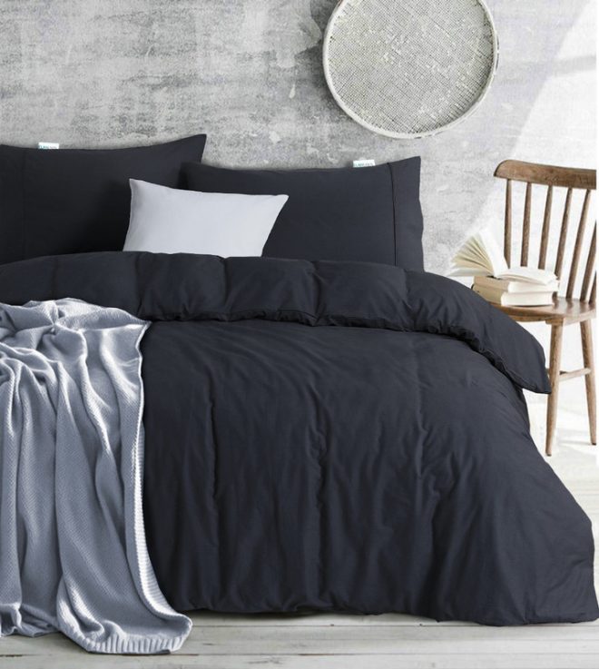 Elan Linen 100% Egyptian Cotton Vintage Washed 500TC Double Quilt Cover Set – Charcoal