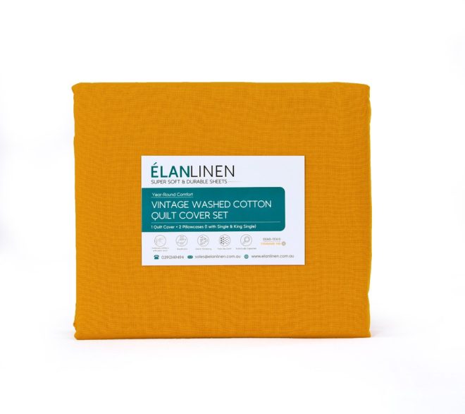 Elan Linen 100% Egyptian Cotton Vintage Washed 500TC Double Bed Sheets Set – Mustard