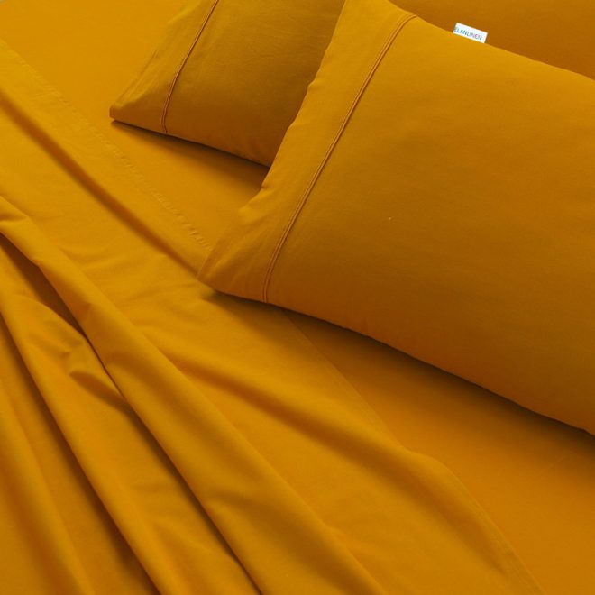 Elan Linen 100% Egyptian Cotton Vintage Washed 500TC Double Bed Sheets Set – Mustard