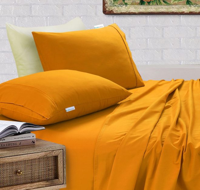 Elan Linen 100% Egyptian Cotton Vintage Washed 500TC Double Bed Sheets Set – Mustard