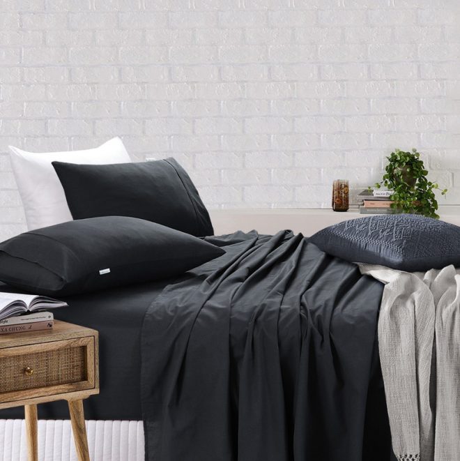 Elan Linen 100% Egyptian Cotton Vintage Washed 500TC 50 cm Deep Bed Sheets Set – Mega King, Charcoal