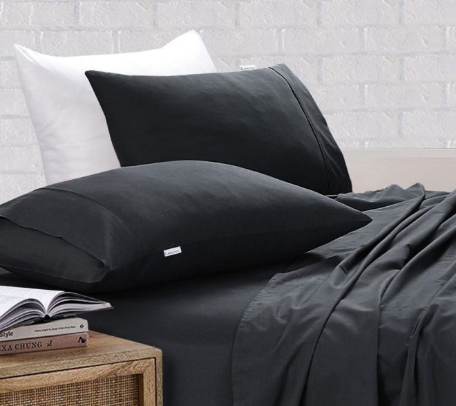 Elan Linen 100% Egyptian Cotton Vintage Washed 500TC 50 cm Deep Bed Sheets Set – Mega King, Charcoal