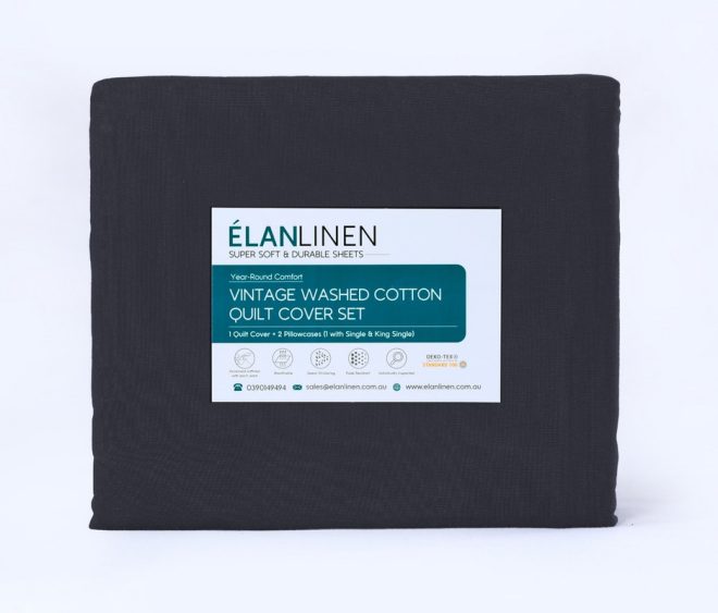 Elan Linen 100% Egyptian Cotton Vintage Washed 500TC 50 cm Deep Bed Sheets Set – Mega King, Charcoal