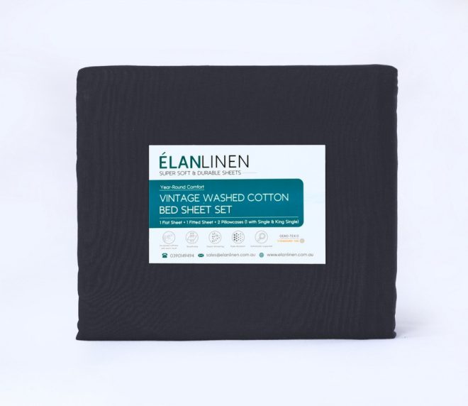 Elan Linen 100% Egyptian Cotton Vintage Washed 500TC Single Bed Sheets Set – Charcoal