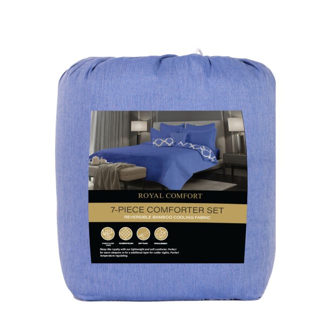 Royal Comfort Bamboo Cooling Reversible 7 Piece Comforter Set Bedspread – KING, Royal Blue