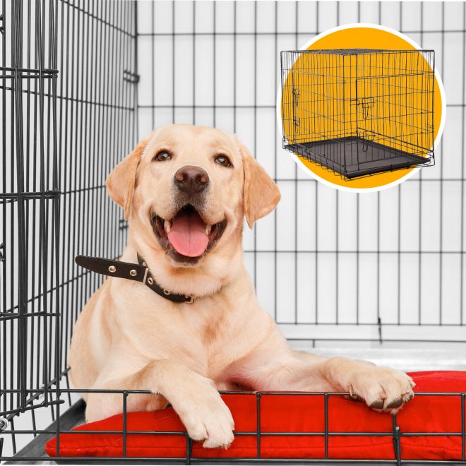 Dog Cage Pet Crate Cat Puppy Metal Cage ABS Tray Foldable Portable Black – Black – 76x53x59 cm