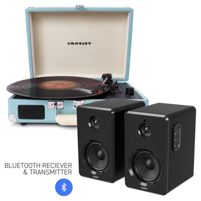 CROSLEY Crosley Cruiser Bluetooth Portable Turntable – Bundled Majority – Turquoise, With Bluetooth Speakers