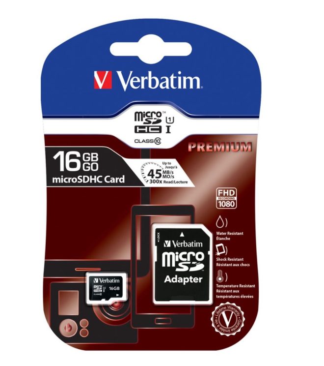 VERBATIM Micro SDHC (Class 10) with Adaptor Up to 45MB/Sec 300X read speed – 16GB