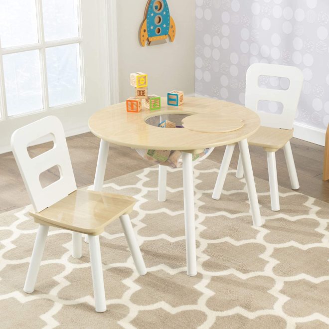 Round Table and 2 Chair Set for children – Natural and White