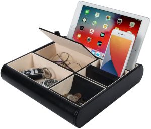 Valet Tray Leather Multi Catch Storage Box for Jewellery Accessories, Keys, Phone, Wallet, Coin, Jewellery (Black)