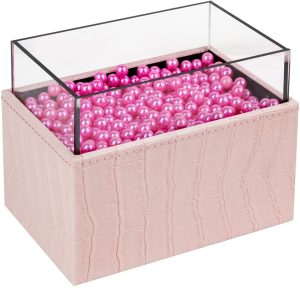 Leather Makeup Brush Cosmetic Organiser Storage Box with Pink Pearls and Acrylic Cover – Grey