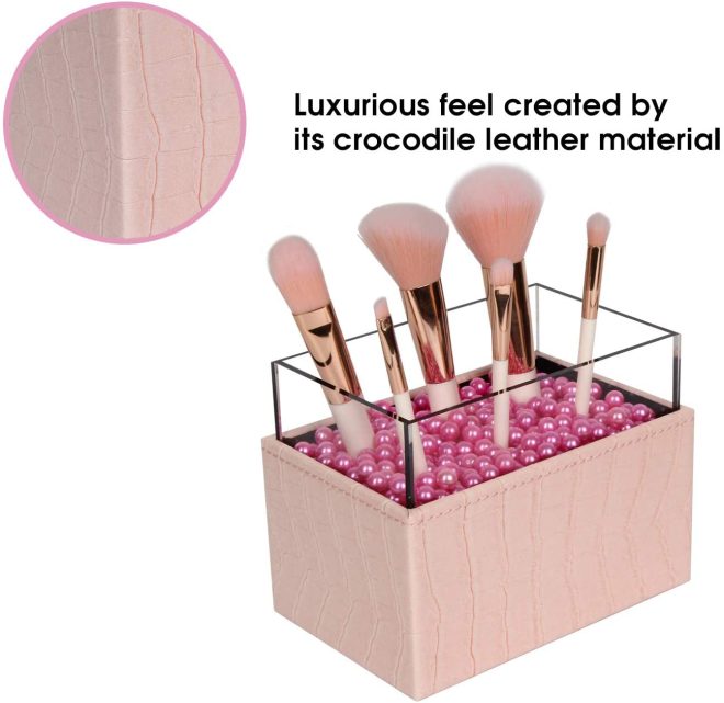 Leather Makeup Brush Cosmetic Organiser Storage Box with Pink Pearls and Acrylic Cover – Grey