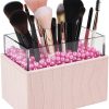 Leather Makeup Brush Cosmetic Organiser Storage Box with Pink Pearls and Acrylic Cover – Grey