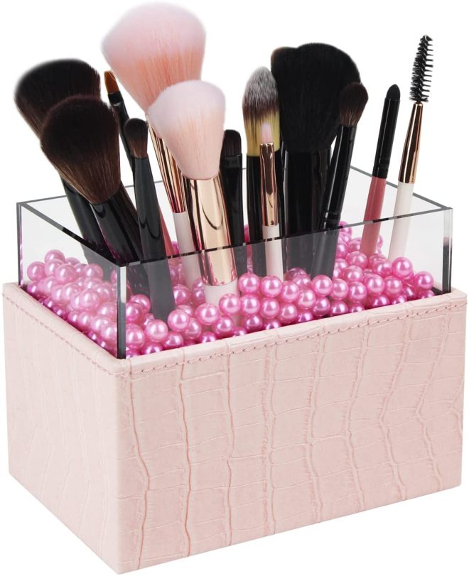 Leather Makeup Brush Cosmetic Organiser Storage Box with Pink Pearls and Acrylic Cover – Grey