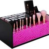 Leather Makeup Brush Cosmetic Organiser Storage Box with Pink Pearls, Acrylic Cover and 3 Compartments(Black)