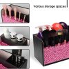 Leather Makeup Brush Cosmetic Organiser Storage Box with Pink Pearls, Acrylic Cover and 3 Compartments(Black)