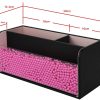 Leather Makeup Brush Cosmetic Organiser Storage Box with Pink Pearls, Acrylic Cover and 3 Compartments(Black)