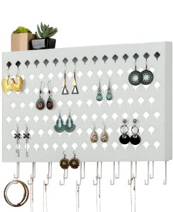 Wall Mount Earring Jewelry Hanger Organizer Holder with 109 Holes and 19 Hooks – White