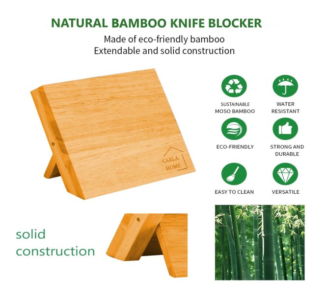 Natural Bamboo Magnetic Knife Block Holder with Strong Magnets for Home Kitchen Storage & Organisation