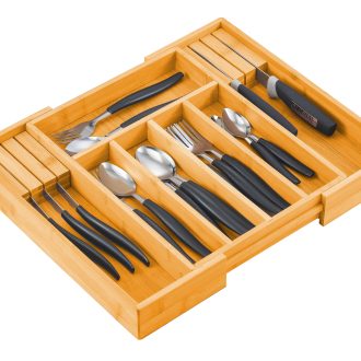 Large Capacity Bamboo Expandable Drawer Organizer with Knife Block Holder for Home Kitchen Utensils