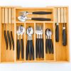 Large Capacity Bamboo Expandable Drawer Organizer with Knife Block Holder for Home Kitchen Utensils