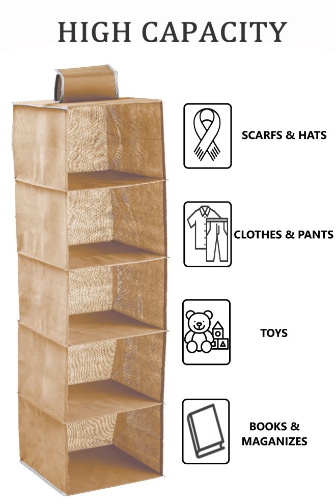 5 Tier Shelf Hanging Closet Organizer and Storage for Clothes – Beige